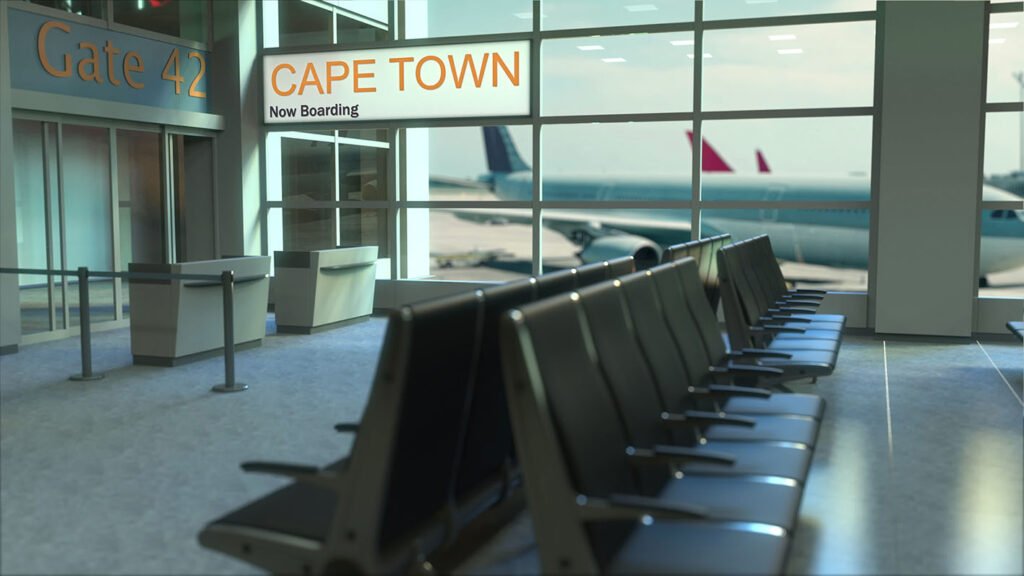 Cape Town flight boarding now in the airport terminal. Travelling to South Africa conceptual 3D rendering Cape Town flight boarding now in the airport terminal. Travelling to South Africa conceptual, 3D