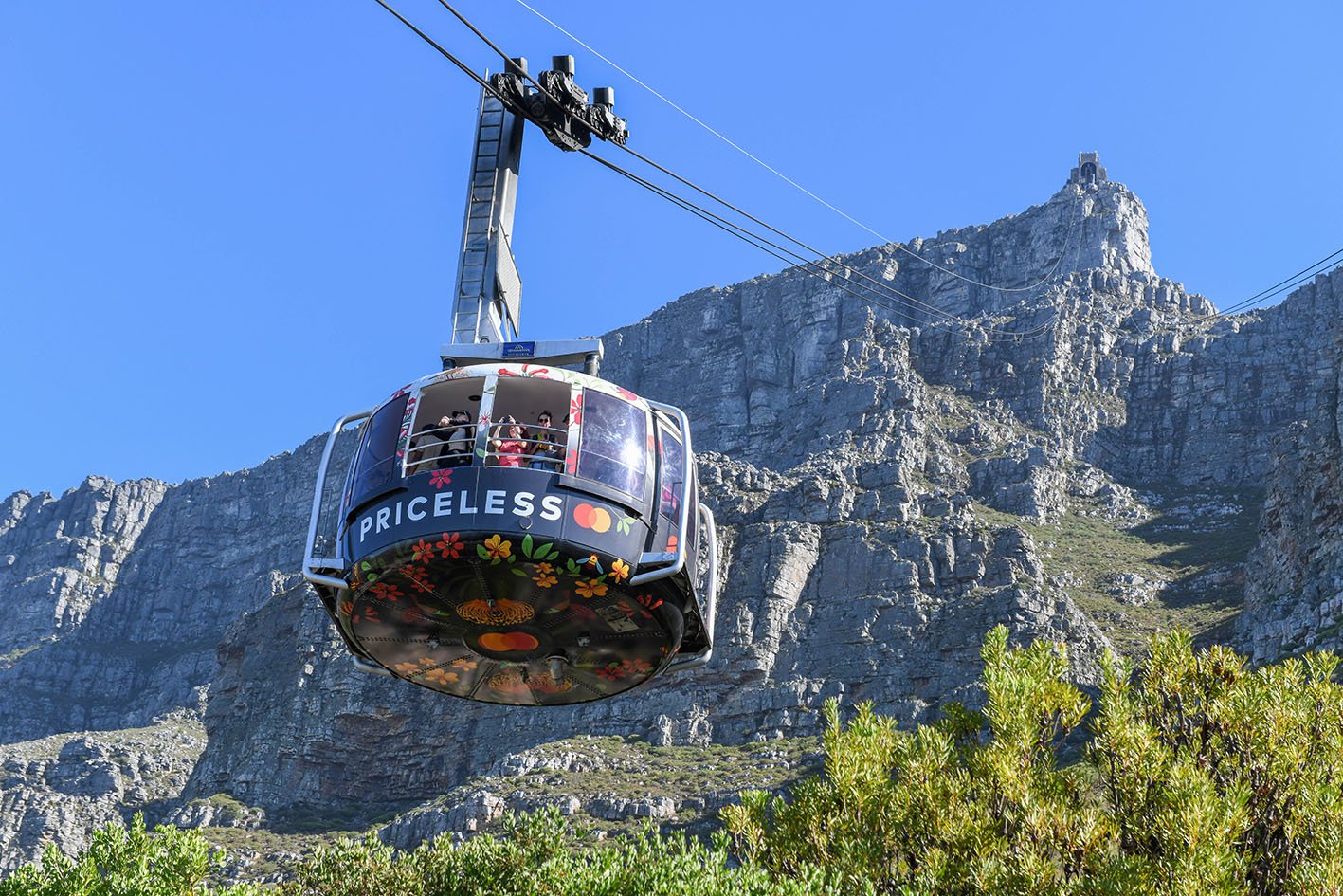 Cable car on the wey to Table mountain over Cape Town on South A Cape Town, South Africa - 4 February 2023: Cable car on the wey to Table mountain over Cape Town on South Africa