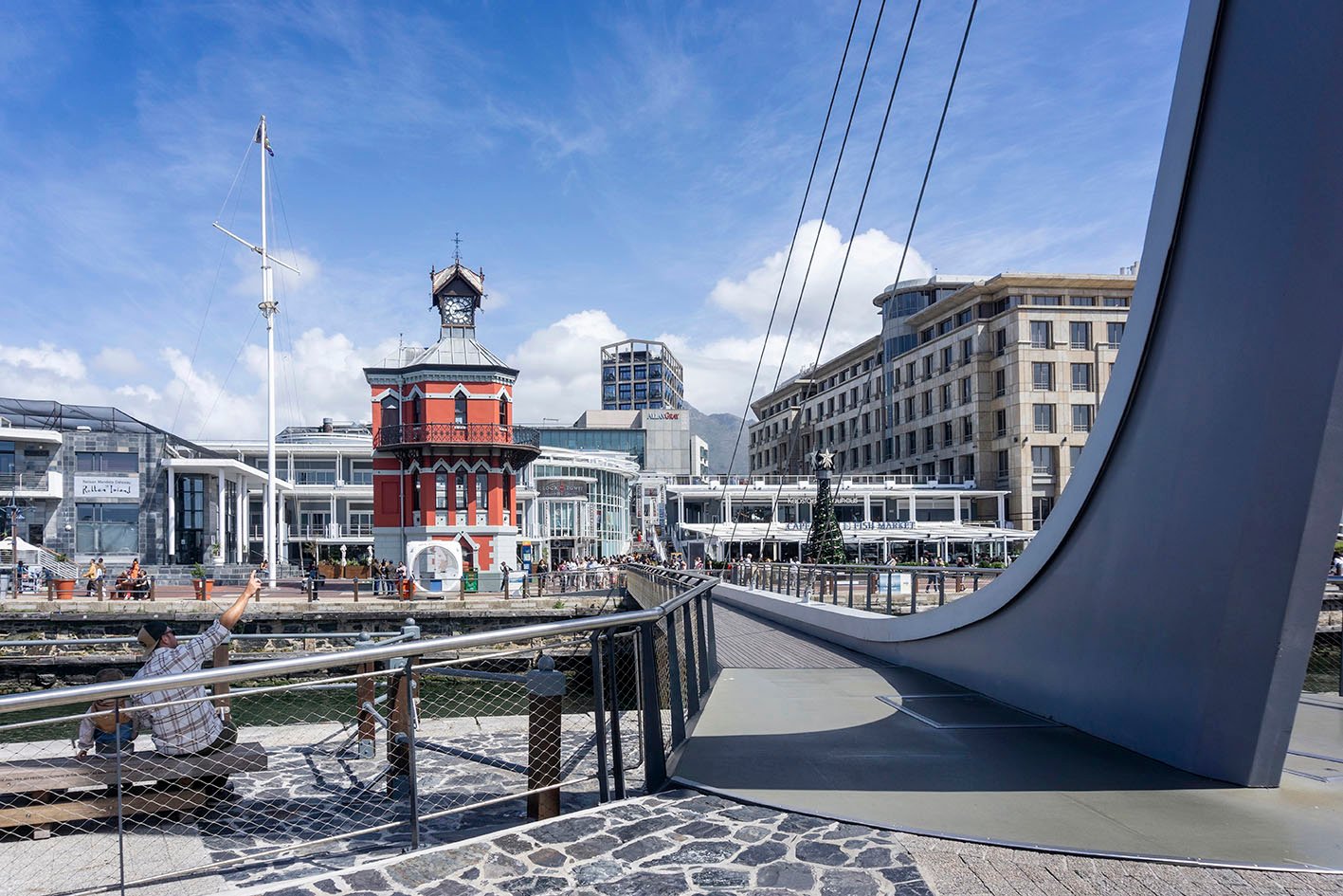 v-and-a-clocktower View across the swing bridge to the clock tower at the V&A Waterfront in Cape Town, South Africa on 5 December 2024